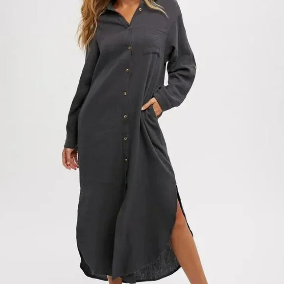 chinese dress ladies Ocean Blue Gauze Button Up Maxi Dress w/ Raw Edges – Miss Monroe Boutique main image 1